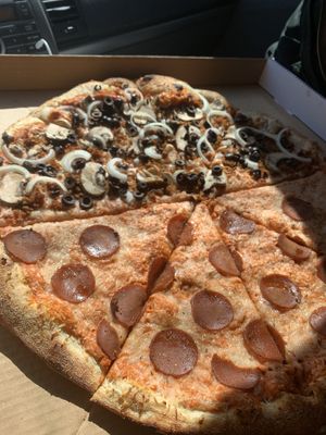 20” half supreme(ish) half pepperoni   at Pizza Head in St Louis