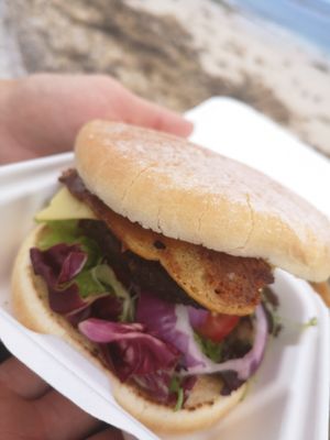 Seitan burger with bacon and cheese at Vood Bar in Penzance