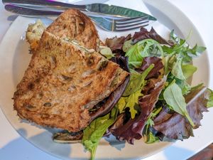 Vegan mozzarella and tomato toasted sandwich at Academy in Winchester