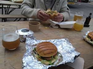 Burger with peanut butter, blackberry jelly and lambs lettuce 🦊 at Mocky-D in Nottingham
