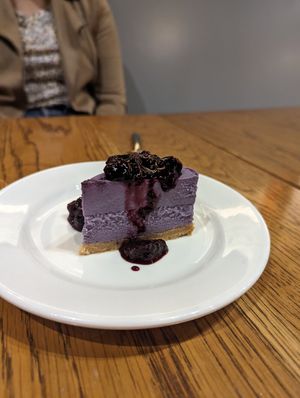 Vegan blueberry lemon cheesecake (smaller than appears) at Mediterranea Restaurant & Bakery in Atlanta