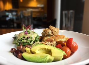 Vegan Grain Bowl - Panko-crusted Artichoke White Bean Croquettes at Mediterranea Restaurant & Bakery in Atlanta