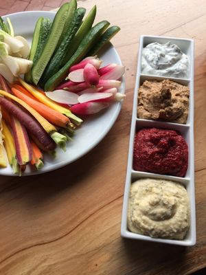 Quartet of Spreads - Beet orange, white bean, Calabrese hummus, artichoke lemon (with crudite = vegan / with bread = vegetarian) at Mediterranea Restaurant & Bakery in Atlanta