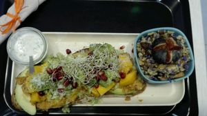 Vegan chicken tikka tartine with mango, avocado and a side of rice and beans, so yummy at Laelo in Paris