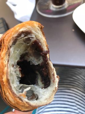 Inside of the chocolate croissant (best vegan croissant in Paris!!!) at Laelo in Paris