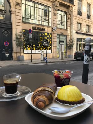 Chocolate croissant, citrus dome, acai cup, espresso at Laelo in Paris