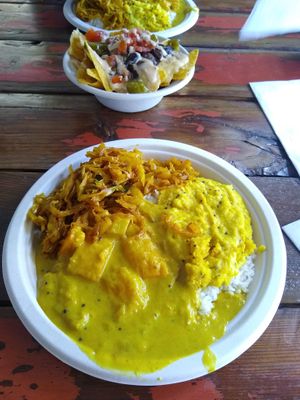 Curry plate- cabbage, daal, and squash curries with rice. at Moab Kitchen in Moab