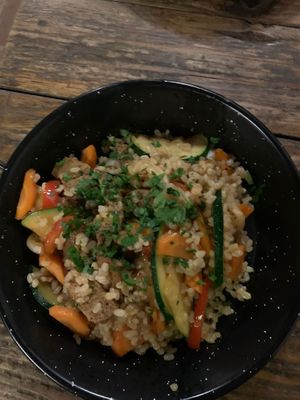 Rice with vegetables and seitan. Delicious at Integral in Formentera