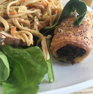 vegan sausage roll and salad selection at LIV Organic & Natural Food Market in Liverpool