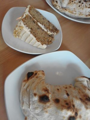 vegan calzones and a vegan walnut/coffee cake at LIV Organic & Natural Food Market in Liverpool