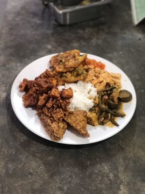Corn cakes, sweet potatoes, tempeh, long beans, zucchini, sambal, white rice  at 9 Angels Warung in Ubud