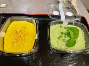 Yellow and green hummus  at Foodstock  in Bratislava