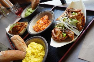 Crunchy Gyoza, Yellow & Green Hummus & Kimchi at Foodstock  in Bratislava