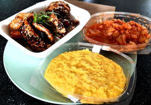 Delivery. Gyoza, kumchi, sweet corn hummus at Foodstock  in Bratislava