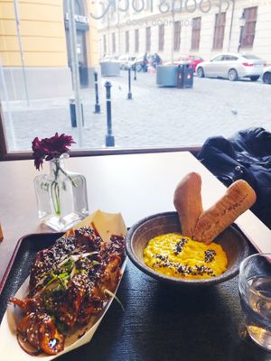 Gyoza and yellow hummus - absolutely delicious!  at Foodstock  in Bratislava