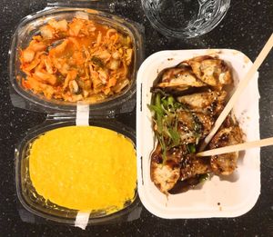 Crunchy gyoza, yellow hummus and kimchi from delivery at Foodstock  in Bratislava