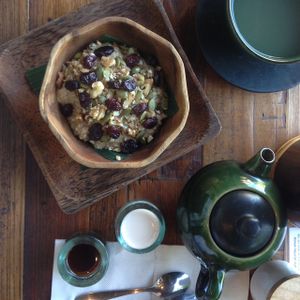 raw grain free porridge with almond milk and ginger/orange peel tea at Atman Nourish Kafe in Ubud