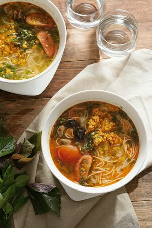 Bún riêu- Rice noodles soup with vegan crab meat at Vegan Kitchen in Ho Chi Minh City