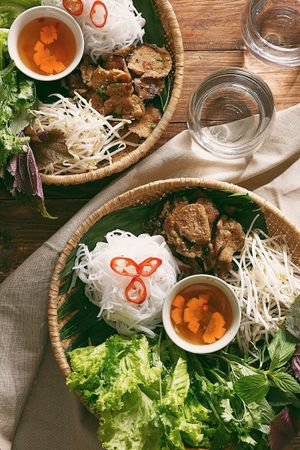 Vermicelli with vegan grilled meat, fresh vegetables and herbs at Vegan Kitchen in Ho Chi Minh City