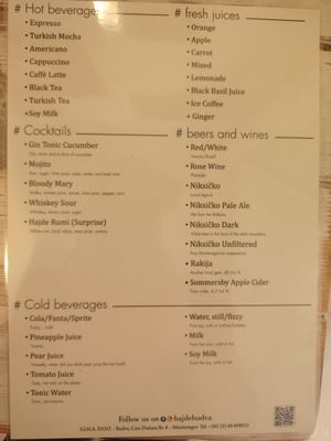 Drinks menu at Hajde in Budva