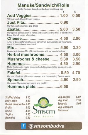 Menu at Hajde in Budva