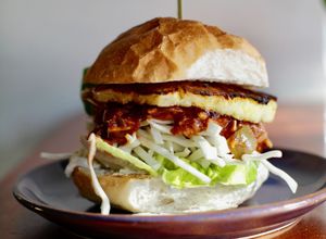 Haunt Jack- Slow cooked jackfruit with five spice ketchup, charred pineapple, shredded white cabbage, lettuce, ginger aioli  at Haunt in North London