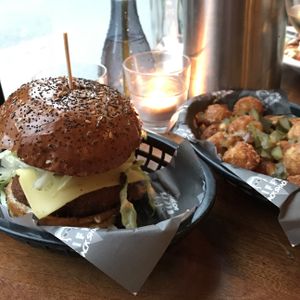 Father Jack burger with potato tots! at Haunt in North London