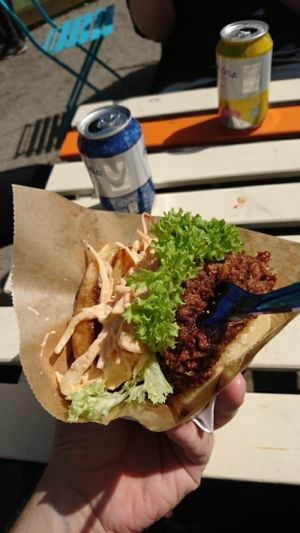 Delicious BBQ-pulled ";Chicken";  at Vegan Soul Train's - Bumble Vee - Food Wagon in Stockholm