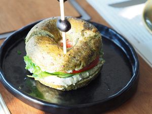 NutCheese with Vegan Spinach&Seeds Bagel. at Barefood Bangkok in Bangkok