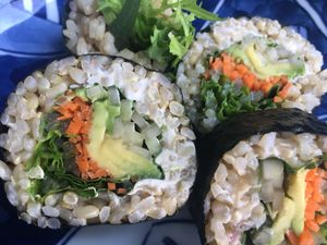 Musubi Maki with shiso leaves , pickles, NutCheese cream at Barefood Bangkok in Bangkok