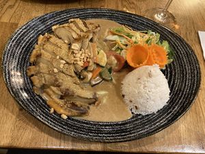 Veggies and rice with vegan duck and peanut sauce.  at Chay Long in Berlin