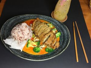 Our signature dish. vegan "duck" with aromatic red curry.  at Chay Long in Berlin