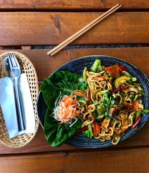 Udon noodles with organic tofu. at Chay Long in Berlin