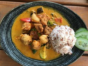vegan chicken in a peanut butter curry with organic rice and fresh vegetbales at Chay Long in Berlin