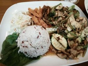 Rice with tofu seitan mushrooms and veggies at Chay Long in Berlin