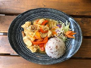 Tasty vegan Chicken with snow fungus,vegetables served with rice at Chay Long in Berlin
