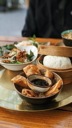 Bhan bun(1) ,fried dumplings (11) and a super delicious papaya salad. at Chay Long in Berlin