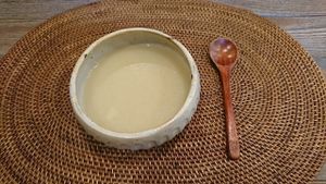 Veggie potage, signature dish of the cafe, which is seasoned only with salt setting off original flavors of the ingredients. All the food menu comes with this soup. at Oso-zai Cafe Vegebon in Tokyo