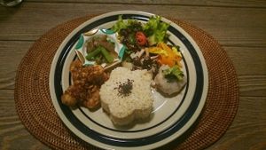 Vegebon plate on another day with deep-fried soy meats as main dish. at Oso-zai Cafe Vegebon in Tokyo