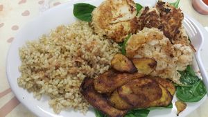 crab cakes with coconut rice and plantains at Universal Love Vegan Cafe  in Columbia