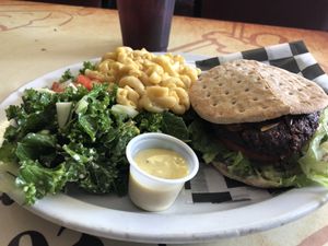 Good Burger, mac no cheese and kale salad at Universal Love Vegan Cafe  in Columbia