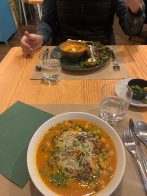 Amazing thai soup with chickpeas and today's lunch, falafel.  at Mapa Verde in San Sebastian