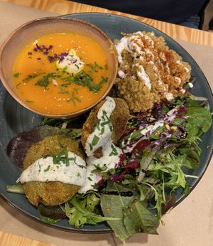 Carrot and orange soup, falafel, quinoa and salad   at Mapa Verde in San Sebastian