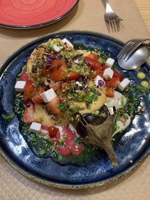 Eggplant with sauce, strawberries, vegan feta (starter)  at Mapa Verde in San Sebastian