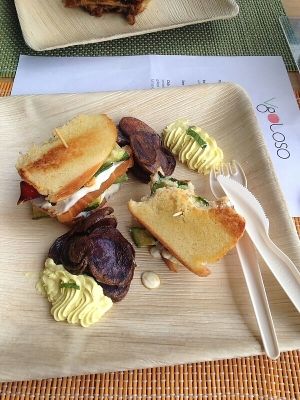 Chickpea flour Club sandwich with grilled veggies, pink potatoe chips at VgOloso in Venice