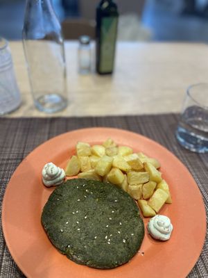 Pea spinach lupin matcha cutlet with potatoes and herbal mayonnaise   at VgOloso in Venice