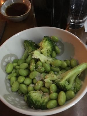 Soybeans and broccoli as a side dish. Lots of salt, which made it great!  at East  in Stockholm