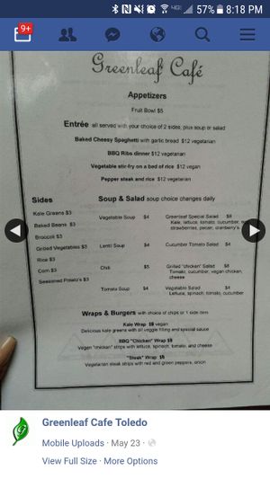 Response to the Owner's reply:
The menu does not have "Morningstar" next to "BBQ Ribs Dinner".

But I'm glad that you're adding it to your new menu, now using your own bbq sauce, and making fresh seasoned potatoes instead of frozen wedges.
 at Greenleaf Cafe in Toledo