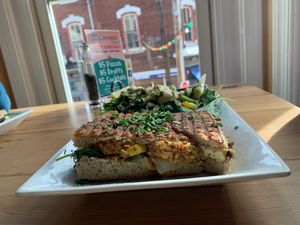 Plant based menu, almond crusted tofu sandwich mmm at The Couch Tomato  in Manayunk