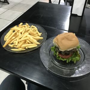 Soya burger and chips  at Las Vegans in Rio De Janeiro